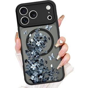 AIGOMARA Magnetic Case for 17 Pro Max [Compatible with MagSafe] Cute Black Watercolor Floral Butterfly Pattern Phone Case for Women Gilrs Soft TPU and PC Back Protective Slim Phone Cover