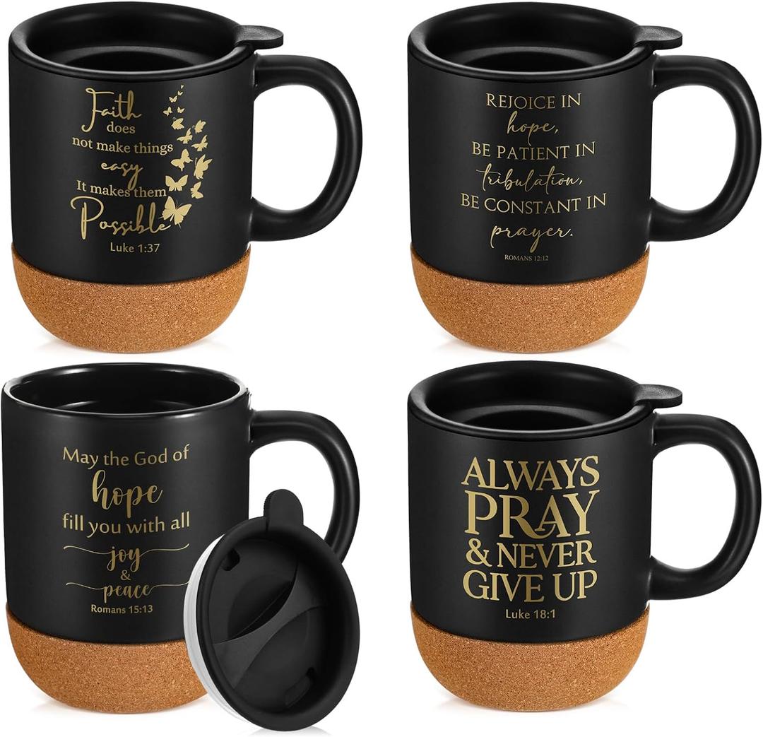 FillTouch 4 Pcs Christian Gift Mugs Bulk 15 oz Religious Cup Cork Bottom Coffee Mugs with Bible Verses Mother's Day Inspirational Gifts for Women Teacher Staff Bible Study Group Member
