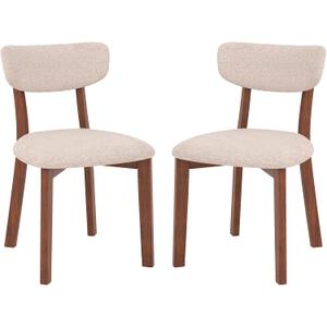 Mid-Century Modern Dining Chairs Set of 2, Upholstered Mid-Back Armless Padded Side Chairs w/Solid Wood Frame, Linen Fabric Curved Backrest Kitchen Living Room Accent Chairs (Beige + Walnut)