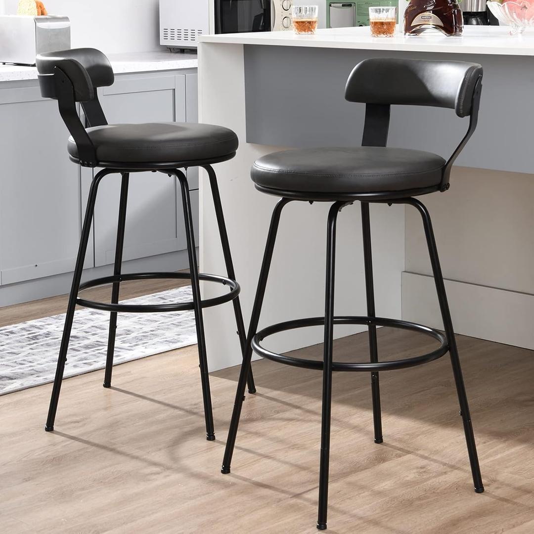Bar Stools Set of 2-Swivel Counter Height Bar Stools 30 inch Counter Stools PU Leather Bar Chair with Padded Back,Metal Footrest for Kitchen Dining Living Room, 30, Grey