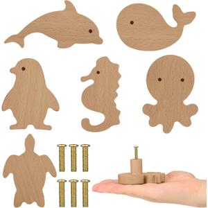 Qunclay 6 Sets Wooden Animal Dresser Knobs Decorative Nursery Wood Drawer Pulls with Screws Furniture Pulls Handles for Nursery Home Bedroom Kitchen Cabinets Hardware Cupboard (Sea Animal)