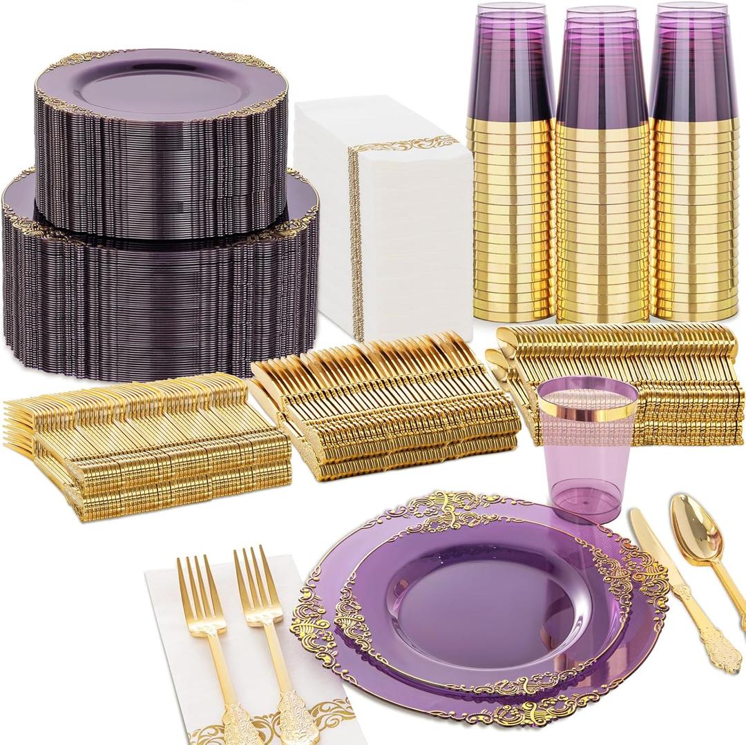 Nervure 350PCS Purple Plastic Plates - Purple Plastic Dinnerware Sets for 50 Guests - 100 Disposable Plate, 150 Gold Silverware, 50 Cups, 50 Napkins for Wedding & Party