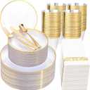 Rubtlamp 350 Pcs Clear Gold Plastic Plates, Hammered Disposable Dinnerware, Clear-Gold Plates Set Include 100 Plastic Platos, 150 Gold Disposable Silverware, 50 Cups And 50 Napkins for Party