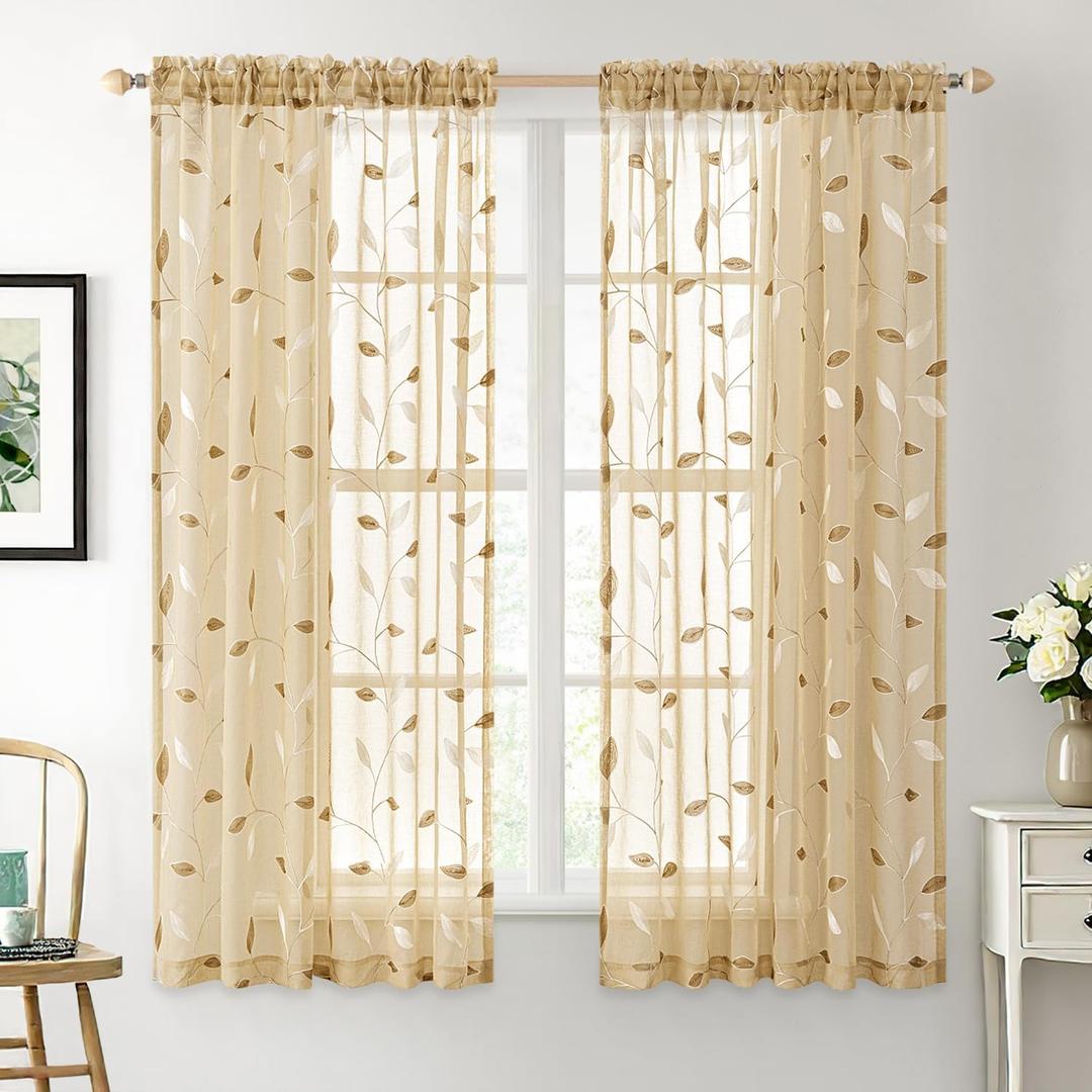 MIULEE Khaki Sheer Curtains 2 Panels Embroidered Leaf Patterned Rod Pocket Floral Semi Sheer Faux Linen Short Window Curtains Drapes Set for Kitchen Living Room Bedroom, 52x54 Inches Length