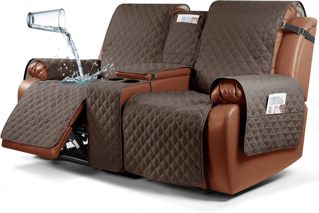 Ruaozz Waterproof Recliner Loveseat Cover with Console, Non-Slip Couch Cover Pet Cover for Double Recliner Split Sofa Cover with Elastic Straps for Kids, Dogs, Pets (Brown, 2 Seater)