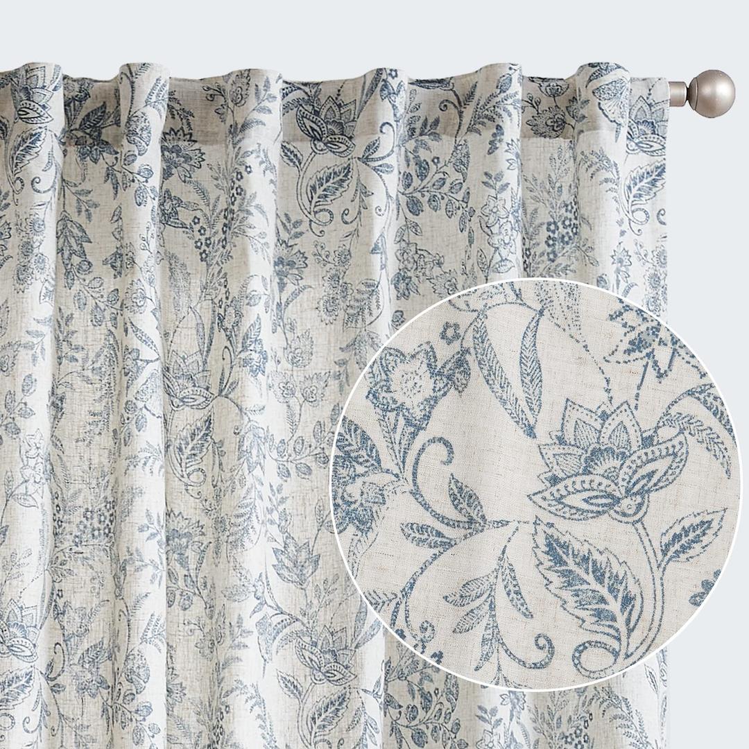 Vangao Blue Floral Linen Curtains for Living Room 96 Inches Long Farmhouse Curtains for Bedroom Vintage Print on Beige Light Filtering Window Drapes Grommet Top 2 Panels