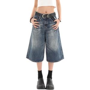 Cropped Jeans for Women Men High Waist Wide Leg Baggy Jorts Y2K Casual Denim Capris Pants Grunge Summer Clothes. (X-Small Short, Blue1)