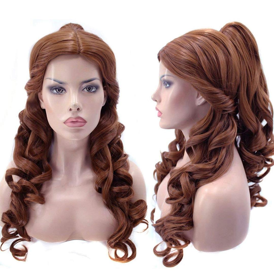ANOGOL Hair Cap+Women Ponytail Wigs Curly Auburn Brown Cosplay Costume Wig for Halloween Costume Cosplay Wig, Curly Brown Wig Peluca De Princesa Brown Ponytail Wig For Halloween Party