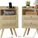 SUPERJARE Night Stand with Charger Station, Boho Rattan Nightstand Set of 2, Size: 11.8"D x 15.8"W x 25.2"H (2 Drawers)