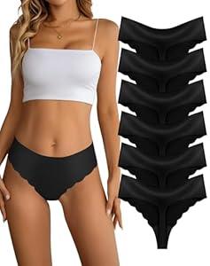 Dawnrole Seamless Thongs for Women Mid Waist Thong No Show Underwear Breathable Stretch Wave Edge Panties 6 Pack Black, Medium 
