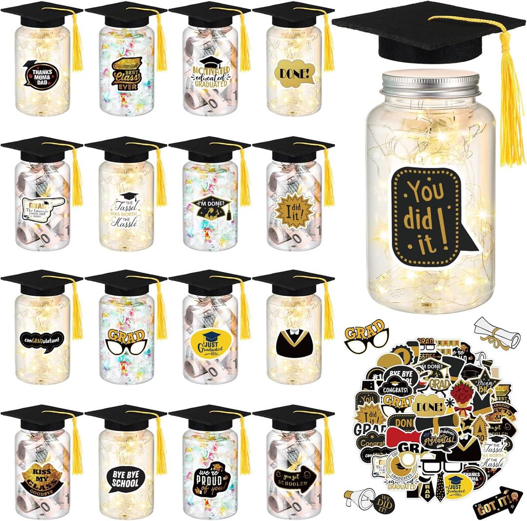 12 Sets 2025 Graduation Decorations Class of 2025 Graduation Jar Table Centerpieces with Black Felt Grad Hat and Stickers for College High School Congrats Grad Party Supplies
