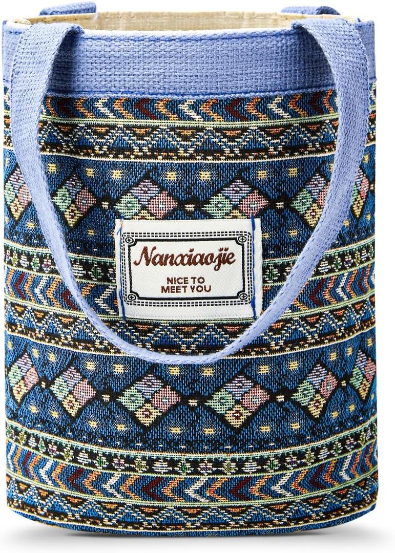 Women Tote Bag,Small Jute Casual Tote's Handbag Embroidered Personalized Bucket Bag,Reusable Grocery Shopping Bags (Blue)