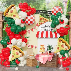 PageebO Pizza Party Decorations150PCS Red Green Ivory White Balloons with Pizza Checkered Balloons for Pizza Party Favors BBQ Picnic Birthday Party Decorations Slice Slice Baby Shower Home Decor