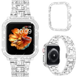 Mosonio Compatible with Bling Apple Watch Band Women 40/44/41/45/42/46mm with Shiny Metal Case, Full Sparking Luxury Diamond Bands and Cover Set, Cute Charming Strap for iWatch SE Series 10/9/8/7/6/5/4 (Silver)