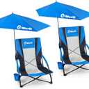 EMERIT Low Beach Chairs for Adults, Sling Beach Chair with Umberalla, Folding Backpack Camping Chair with Cup Holder (Blue & Black)