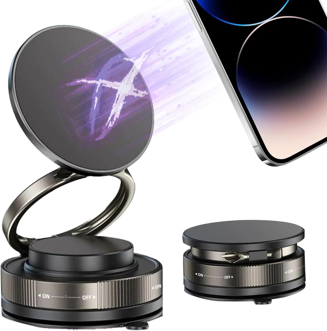 Vacuum Magnetic Phone Holders, 360 Adjustable Foldable Suction Magnetic Phone Holder, Multifunctional Cellphone Mount for Smooth Surface, Mirror, Gym, Shower, Car Interior(Black)