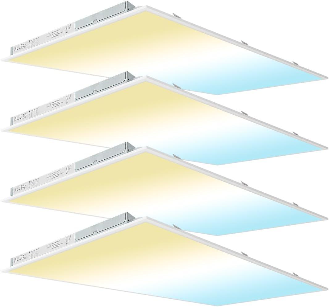 2x4 LED Flat Panel Light, 60W/50W/40W/30W/25W Adjustable, 5000K/4000K/3500K Selectable, 6600lm Dimmable LED Drop Ceiling Light Fixture, 100-277V ETL-Listed, 4-Pack