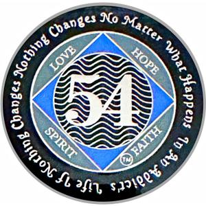 (Years 1-55) NA 54 Year Medallion, Silver, Blue Color Plated, Epoxy Covered Narcotics Anonymous Coin (NA 54 Year Medallion)