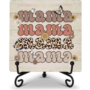 Christmas Gifts for Mom from Daughter Son, Retro Leopard Print Flower Mama Wood Plaque with Iron Stand for Home Office Living Room Bedroom Decor, Gifts for Grandma Aunt - C01