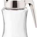 J&M Design Glass Syrup Dispenser Bottle for Maple Syrup, Honey Pot or Sugar Jar W/Handle Shaker For Pancakes, Coffee, Cereal Bowl, Tea Pour Spout Lid Easy Spoon Measure 7.5oz Container Holder