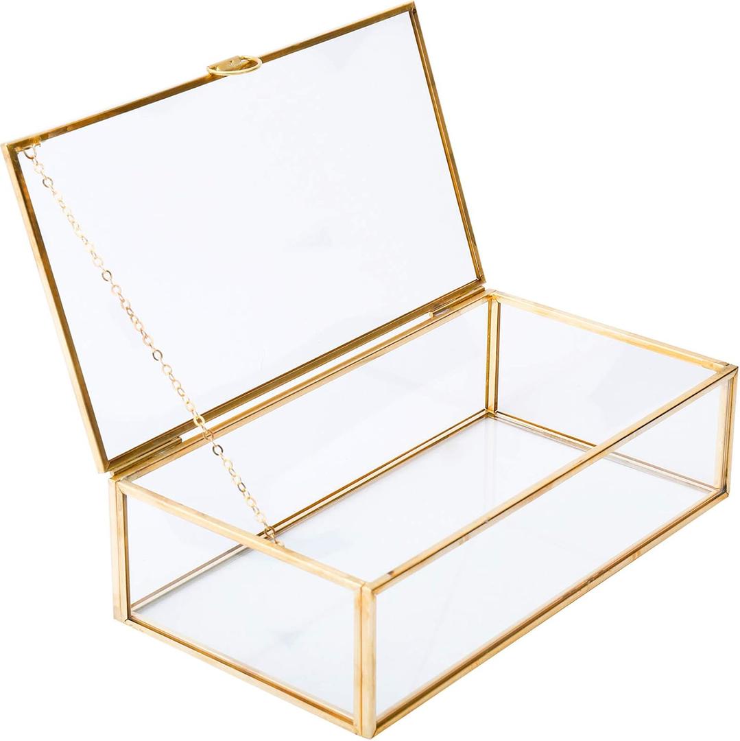 HighFree Vintage Glass Box with Lid - Clear Jewelry Glass Display Box Keepsake Box - Home Decor Decorative Box for Trinket Rings Bracelet (Gold, Medium)