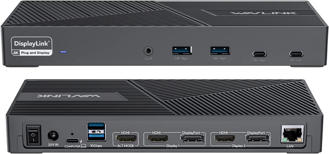 WAVLINK DisplayLink Docking Station Triple Monitor 4K@60Hz for 3 Monitors, 100W Charging for Thunderbolt 4/3, USB C M1 M2 M3 M4 Mac/Windows/Chrome - 3 HDMI, 2 DP, 6 USB Ports, 160W Power, LAN, Audio (Jet Black)