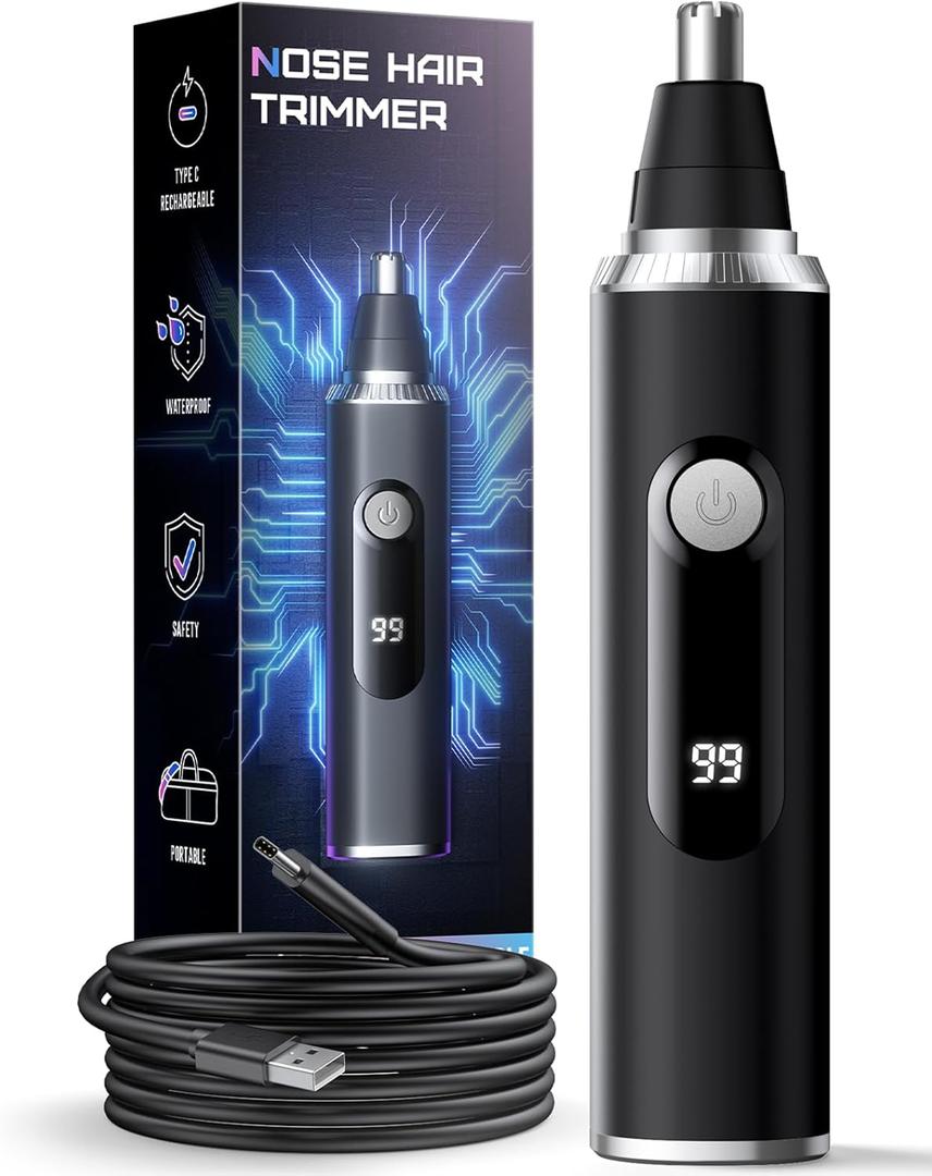 Nose Hair Trimmer for Men and Women, USB Rechargeable Electric Facial and Ear Hair Remover with LED Display, Dual-Edge Blades for Smooth, Painless Eyebrow Grooming (Black)