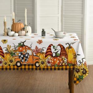 Horaldaily Fall Tablecloth 60x120 Inch Rectangular, Thanksgiving Autumn Harvest Orange Truck Gnome Pumpkin Buffalo Plaid Table Cover for Party Picnic Dinner Decor