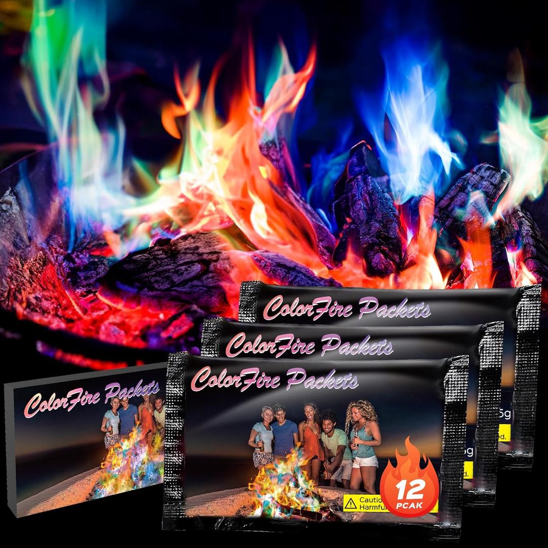 12 Pack Colorful Flames Color Fire Packets Fire Pit for Campfire,Fire Color Packets Camping Accessories for Kids & Adults,Outdoor Fire Changing Flame Powder, (12 Packets)