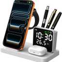 5 in 1 Wireless Charging Station with Alarm Clock Pen Holder, Fast Wireless Charger for iPhone 17/16/15/14/13/12/Pro/Max/Air, for iWatch & AirPods, Charger Stand with Temperature, Snooze Model White