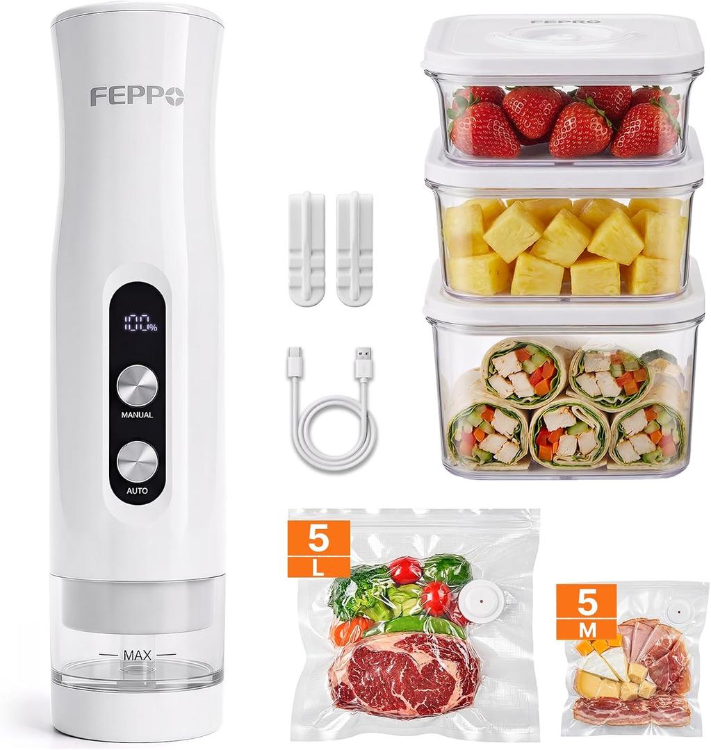 FEPPO Compact Vacuum Sealer for Food (Vacuum Sealer Machine + 3 Containers + 10 Reusable Bags), Anti-Overflow Powerful Portable Handheld Food Sealer, Auto & Manual Modes, Travel Lock, Easy-Clean