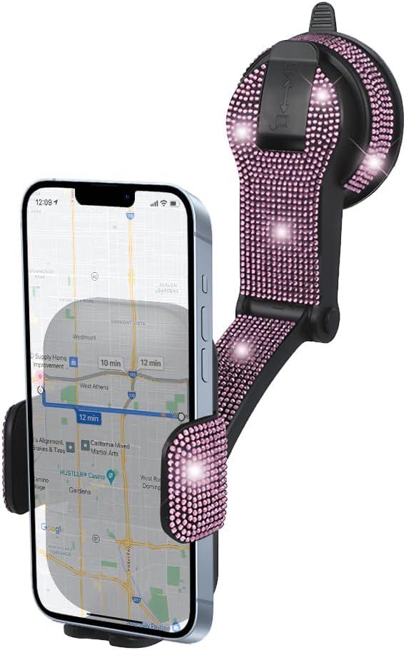 Bling Car Phone Holder, Rhinestone Suction Cup Vehicle Dashboard Cellphone Stand, Diamond Sparkle Automotive Interior Windshield Smartphone Mount, Universal for SUV, Sedan, Truck (Pink)