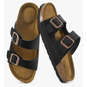 Aomigoct Sandals Womens Dressy Flat: Comfortable Cork Footbed Sandals Women - Beach Summer Walking Slides for Women Size 37 Black