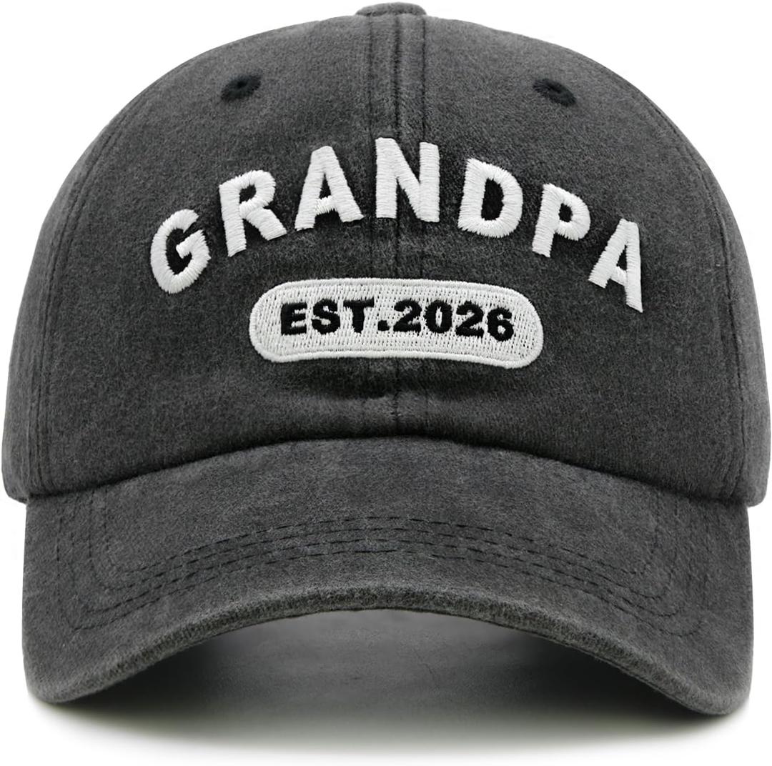 New Grandpa Est 2026 Baseball Cap, First Time Promoted to Grandfather Gift for Men, Adjustable Washed Cotton Grandpa Hat (Gray)