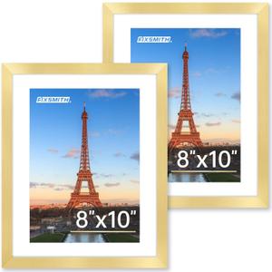 FIXSMITH 8x10 Picture Frame Set of 2, Gold Picture Frames Collage for Tabletop or Wall Display, Photo Frame with HD Plexiglass, Display Pictures 5x7 with Mat or 8x10 Without Mat