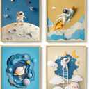 Framed Space Astronaut Wall Art for Nursery Decor, 4 Piece Outer Space Themed Canvas Art Prints Paintings, Planet Rocket Pictures for Bedroom, Kids Room, Baby Room, Boys Room, Bathroom Wall Decor, 11"W x 14"H x 4Pcs