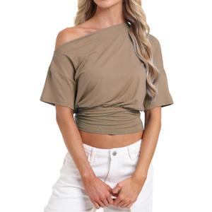 Off the Shoulder Drapey Tops for Women Fitted Waist Short Sleeve Ruched Shirts Summer Trendy Clothes 2026, Medium