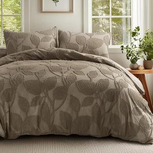 DELIGHT HOME Duvet Cover Queen Size - Clipped Jacquard Leaf Queen Duvet Cover with 8 Corner Ties & 7 Buttons, 3 Pieces Breathable Shabby Chic Bedding Set with 2 Pillow Shams, Brown, 90x90 Inches