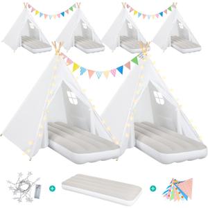 6 Pack Teepee Tent for Kids Sleepover Party Indoor, Gift Set with Inflatable Airbeds with Star Lights & Colored Flags, Washable & Foldable Toddler Slumber Party Tent for Girls & Boys, White, 6 Pack and Airbed