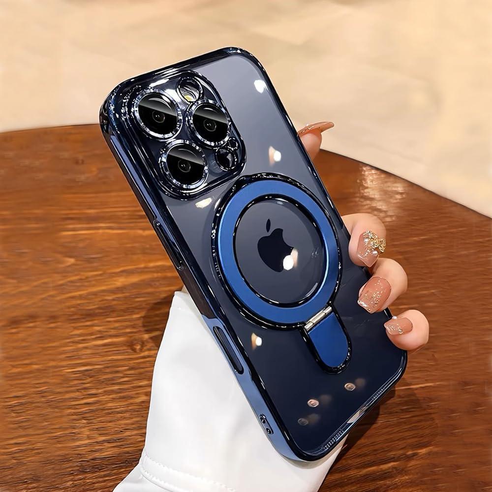 QSIETSPY Magnetic Case for iPhone 15 Pro Max with Invisible Stand [Military Drop Protection][Compatible with MagSafe] Full Camera Protection Clear Soft TPU for iPhone 15 ProMax Case 6.7 Inches-Blue