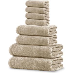 Tens Towels Pack of 8 Towels Set, 2 Extra Large Bath, 2 Hand, 4 Washcloths, 100% Cotton, Lighter Weight, Quicker to Dry, Super Absorbent, Perfect for Bathroom, Beige