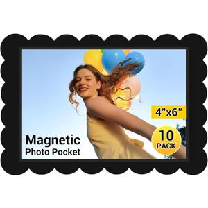 Magnetic Picture Frame, 10 Pcs Magnetic Picture Frames for Refrigerator, 4 x 6 Inches Magnetic Photo Frames with Black Border, Reusable Refrigerator Magnet Photo Sleeves for Home School Office, Black