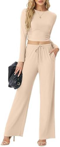 FREEOAK Women's Two Piece Outfits Lounge Sets Long Sleeve Ruched Top & Wide Leg High Waist Pants with pockets Size XL