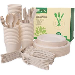 300 Piece (50 Sets) Biodegradable Paper Plates Set (EXTRA LONG UTENSILS), Disposable Dinnerware Set, Eco Friendly Compostable Plates & Utensil include Plates, Cups, Forks, Knives and Spoons
