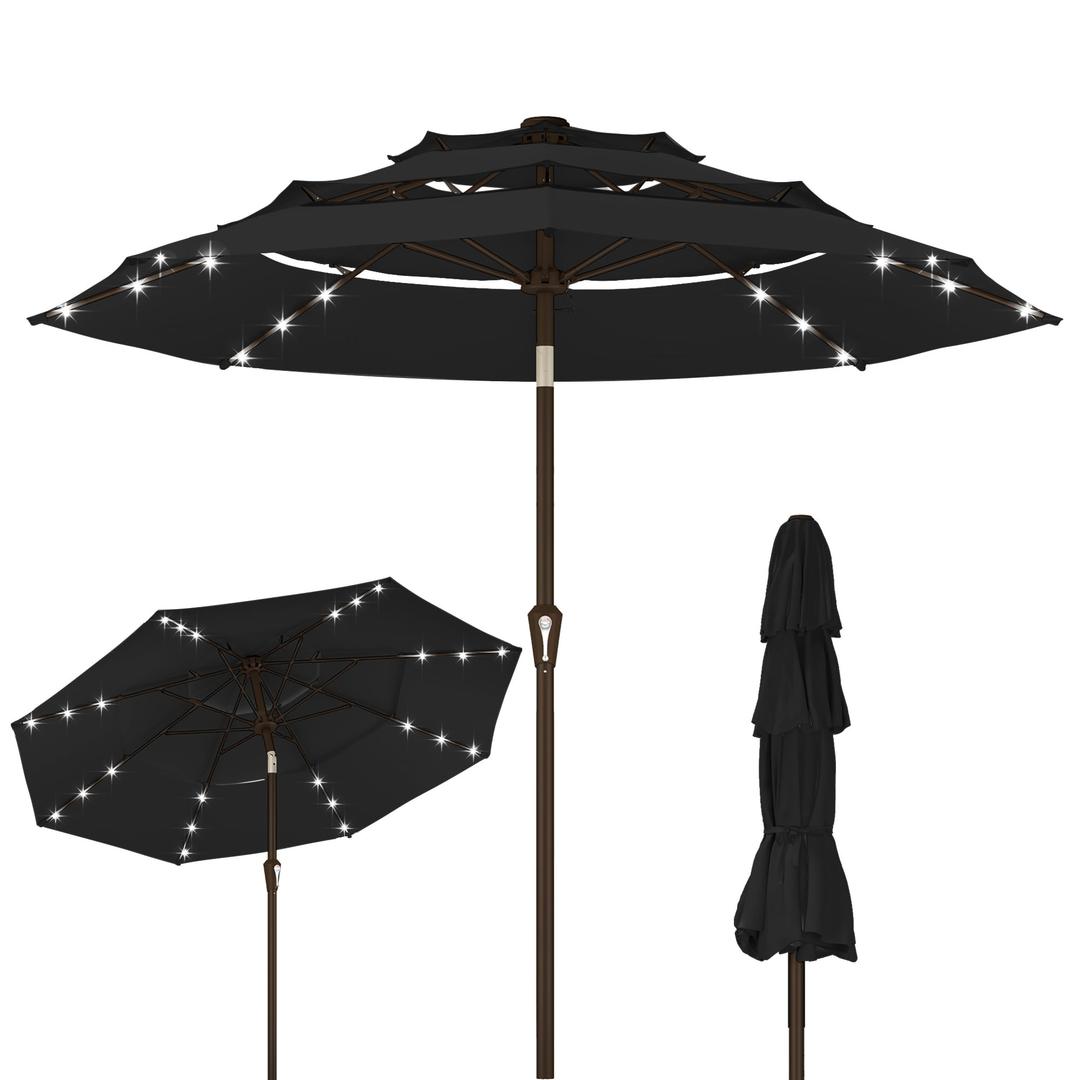 Kingdura 10ft 3-Tier Patio Umbrella with Solar Lights, Table Umbrella Outdoor Patio with Easy Crank & Tilt, 8 Sturdy Ribs, UV Protection, 32 LED Lights for Deck, Poolside, Market (Black)