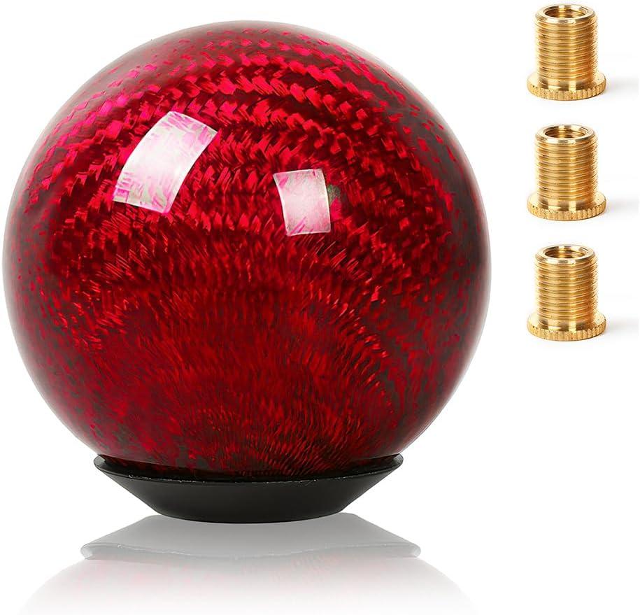 Real Carbon Fiber Shift Knob Gear Shifter Knobs with 3 Adapters Round Ball for Most Manual Car Universal Gear Shift Knob (Red)