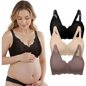 3 Pack Nursing Bras for Breastfeeding, Seamless Maternity Bra Women Pregnancy with Extra Bra Extenders & Clips (Black Beige Grey)