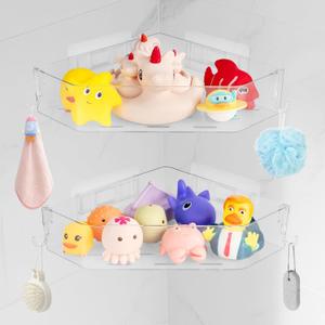 MUMUQ Bath Toy Storage Corner Adhesive Shower Caddy for Baby Bath Toys Bathtub Toy Storage Holder Organizer Large Capacity Acrylic Shower Shelves for Bathroom Babies Bathing Accessories Shelf, 2 Pack