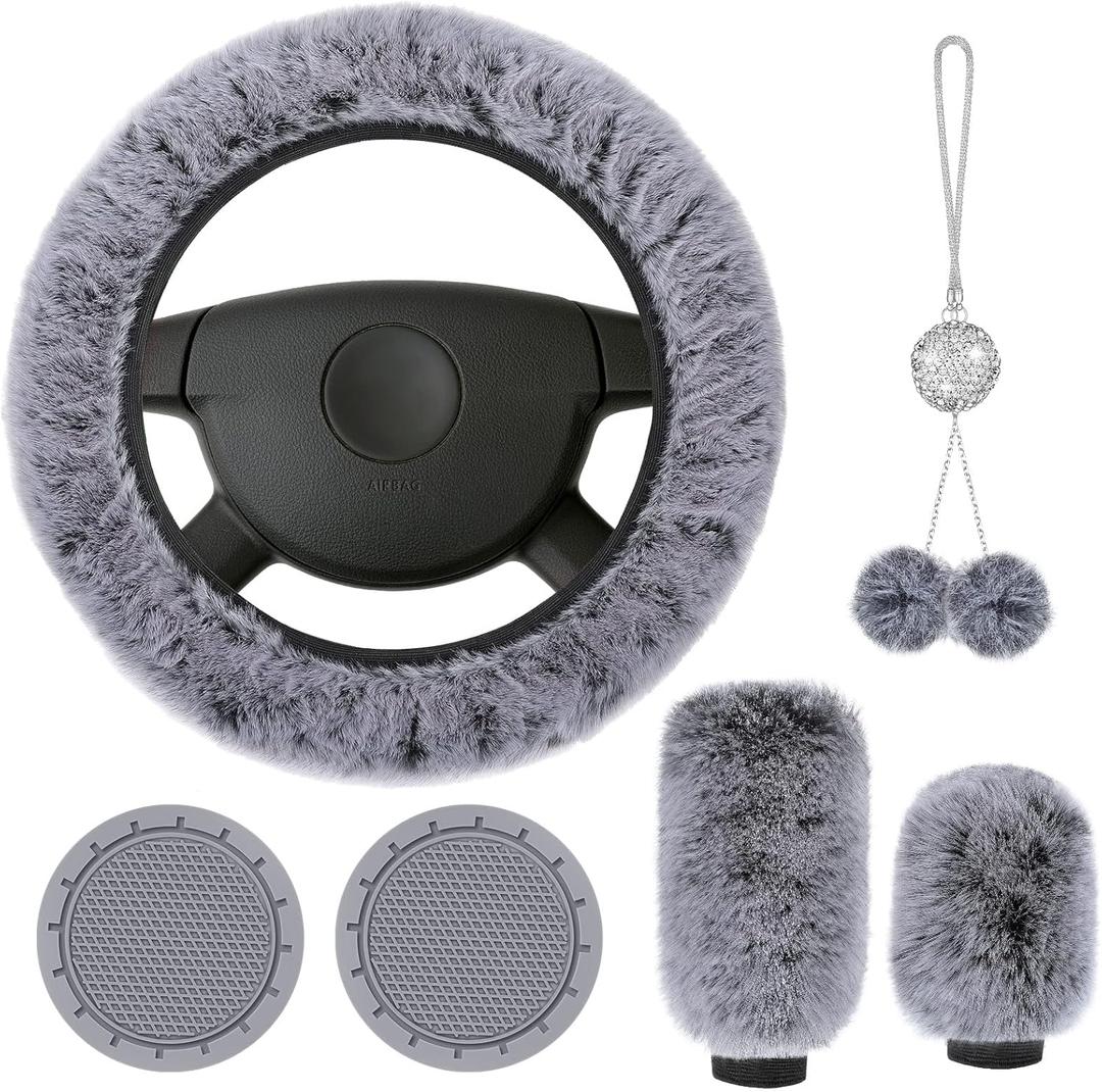 Frienda 6 Pieces Fluffy Car Accessories Set Bling Fluffy Steering Wheel Cover Soft Fuzz Handbrake Gear Shift Cover Bling Mirror Fuzz Car Pad Decoration (Gray)