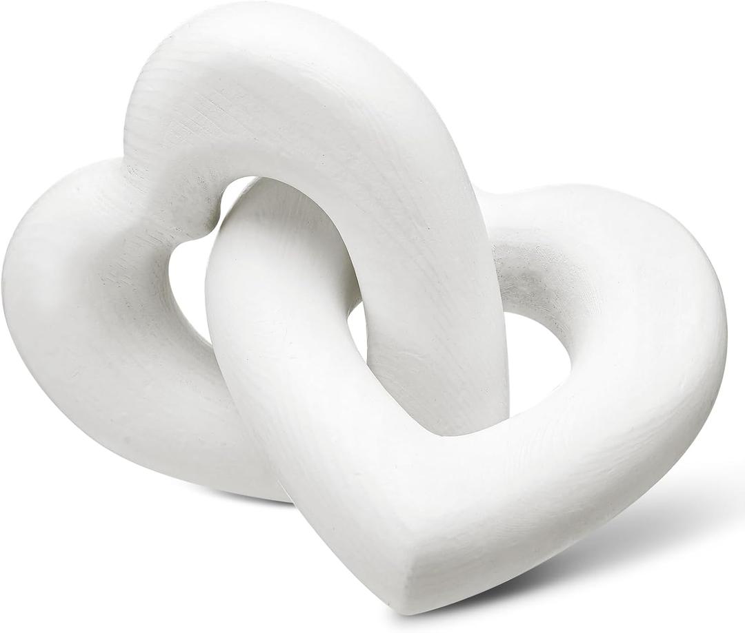 Handmade Wooden Heart Decor Interlocking Hearts Neutral Wedding Couple Gifts Aesthetic Natural Wood Knot Chain Link Shelf Decor Coffee Table Accessories(Classic White)